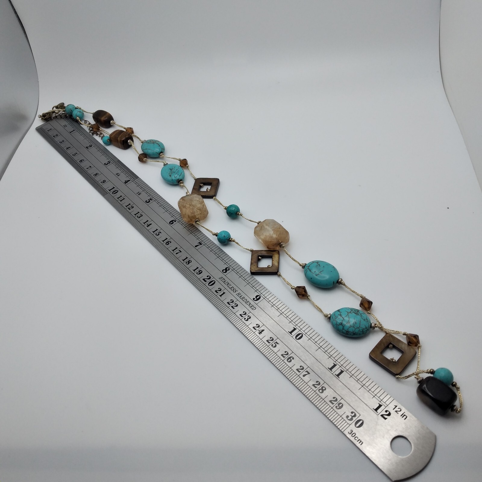 Premier Designs Long Multi Bead Necklace Mixed Shapes Colors Goldtone Chain