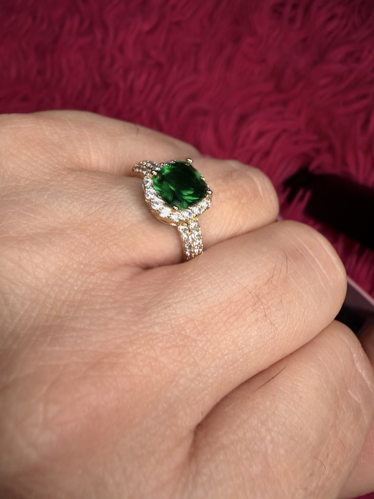 Gold Filled Emerald Green Halo Ring AAA CZ Cushion Cut Size 6