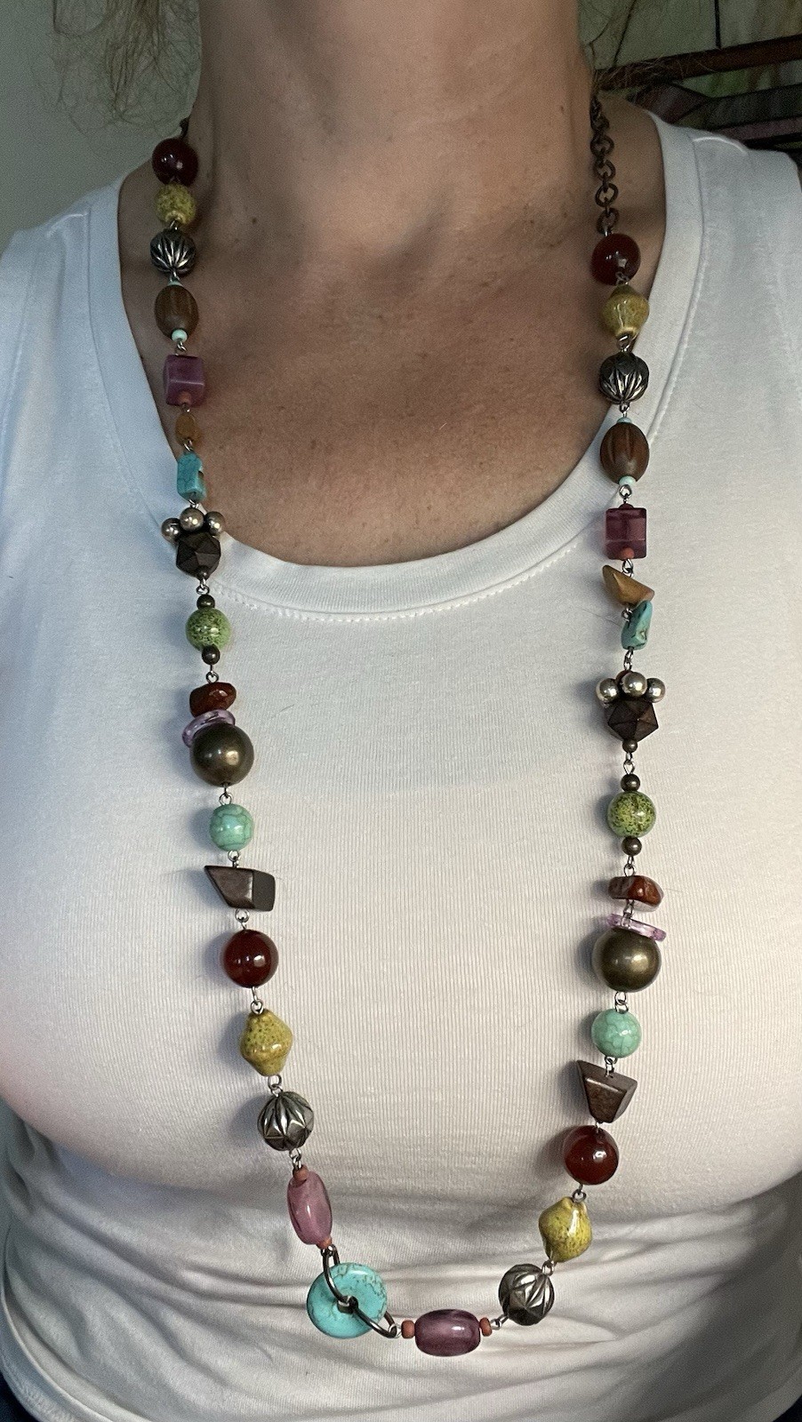 Vintage Signed Treska SilverTone Multicolor Mixed Materials Beaded Boho Necklace