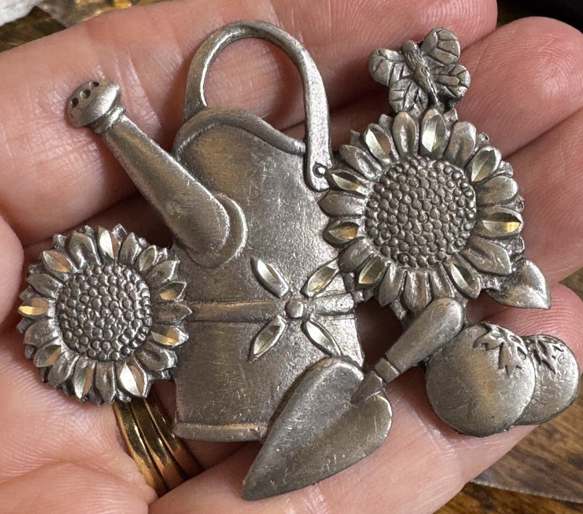 Vtg Spoontique Pewter Garden Theme Brooch Pin Watering Can Sunflower USA Spring