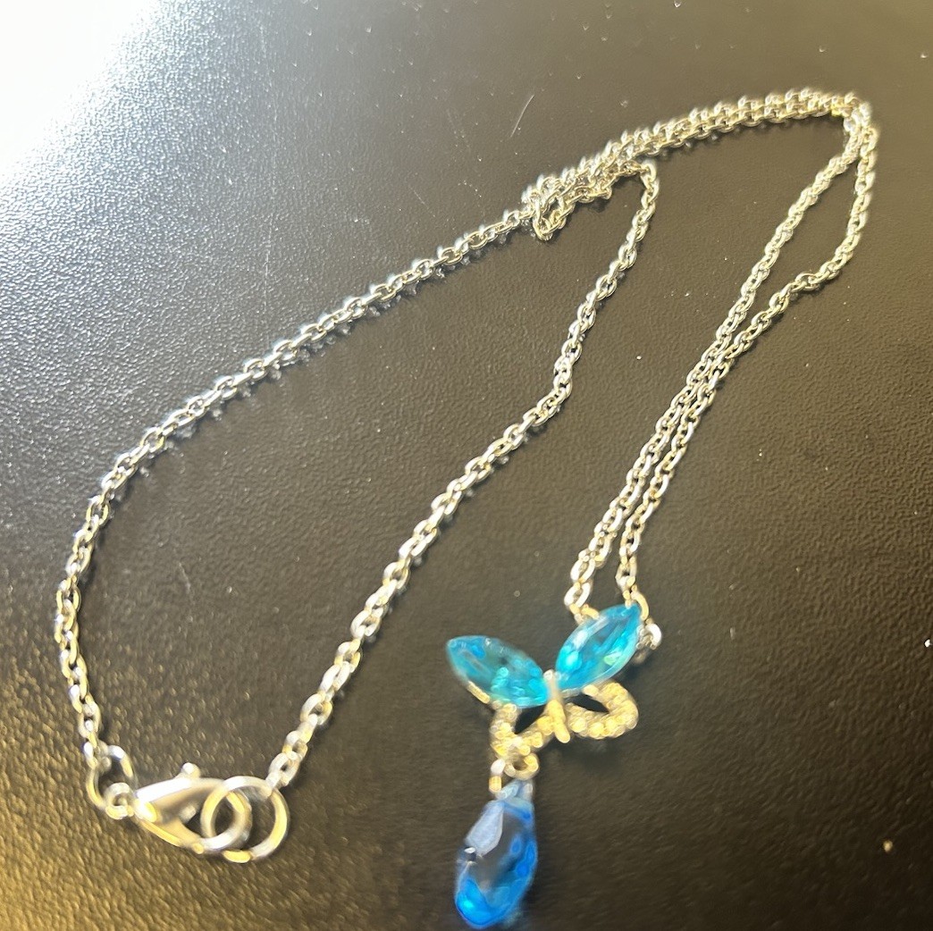 Aqua Butterfly With Dangle Gem Dainty Pendant, Silvertone Chain 20”
