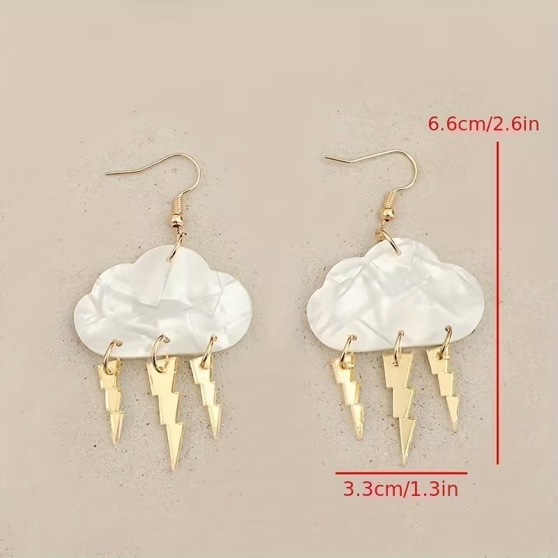 White Cloud Lightning Bolt Dangle Earrings Gold Tone Weather Stormy Jewelry