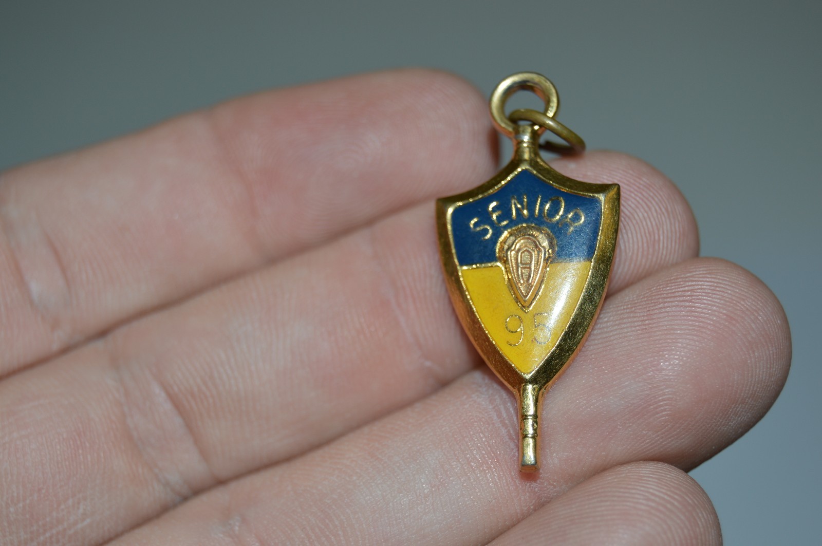 Beautiful Minty Gold Tone Jostens Class of 1995 Pendant Charm Blue & Yellow Gold