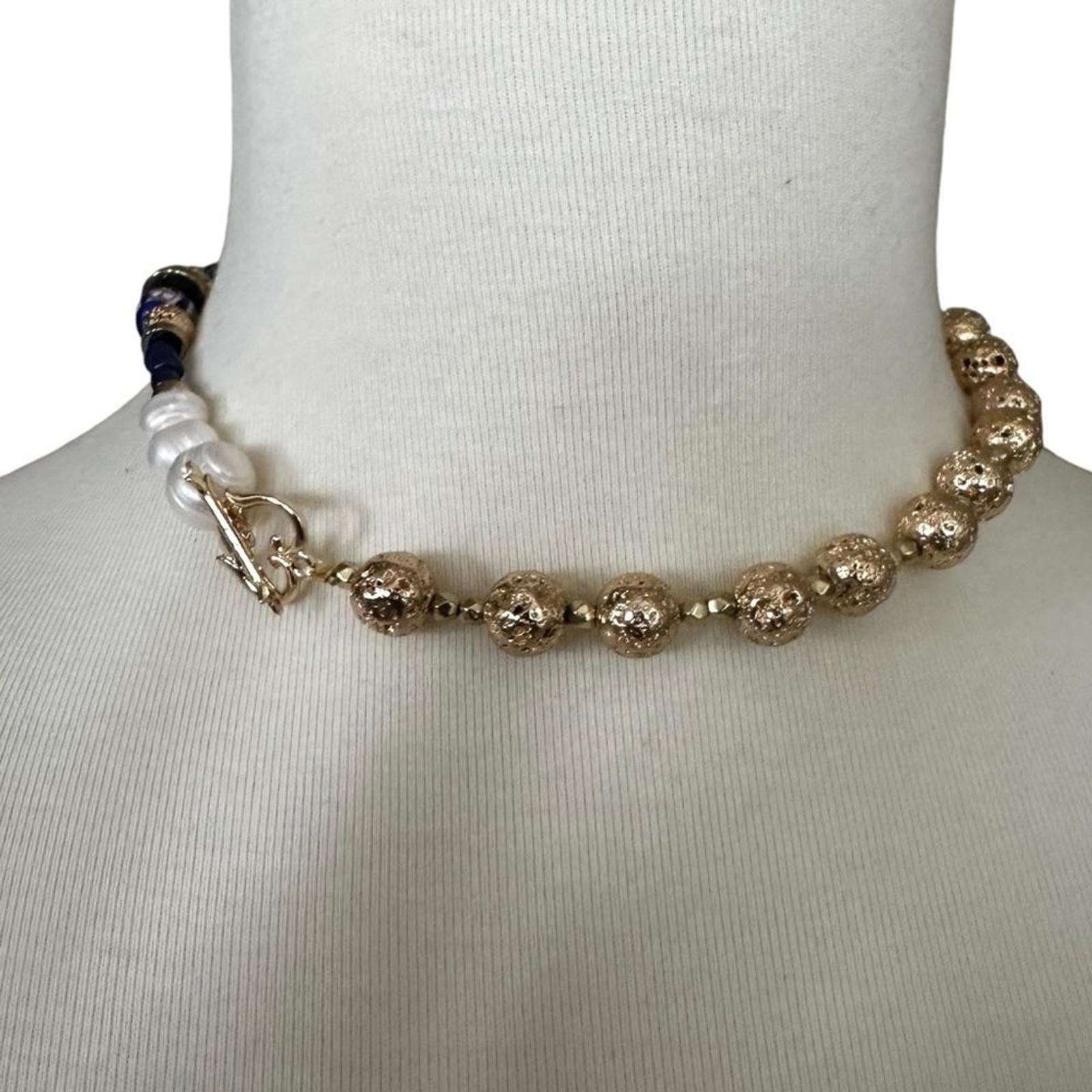 Handmade glass bead semi precious stone freshwater pearl toggle Necklace
