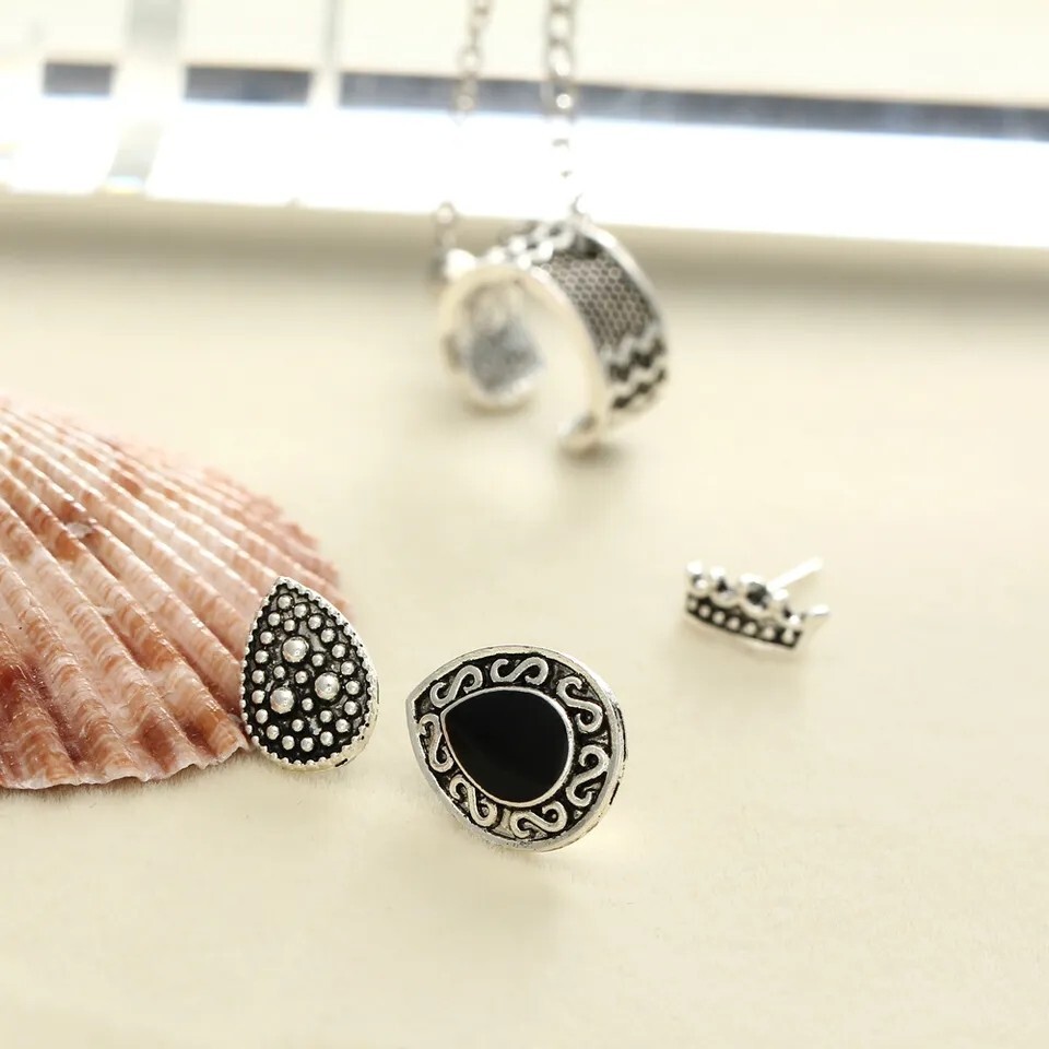4pcs Stud Bohemian Retro Style Crown Water Droplets Chain Fashion Earrings Cuff