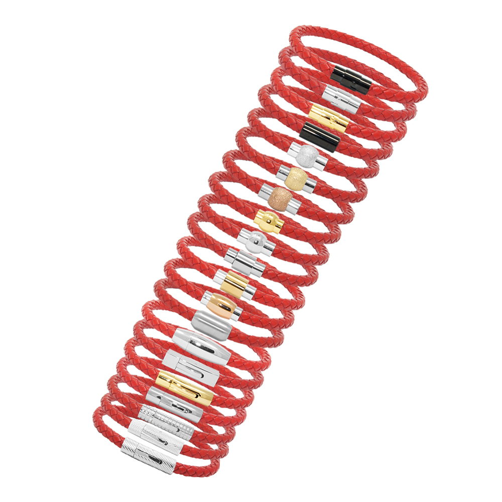 Unisex Men’s Genuine Braided Leather Stainless Steel Magnetic Clasp Bracelet Red