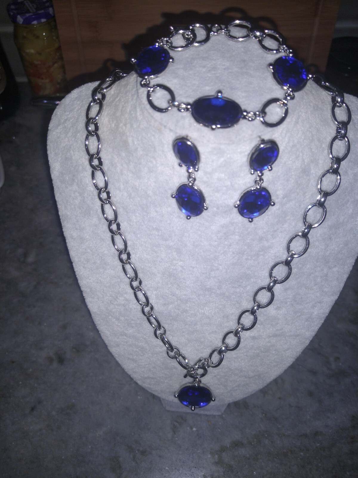 Set of 3 Sim. Blue SapphireLinkedChainNcklce,20.5 ,Brclet,Earrings,Silvrtone