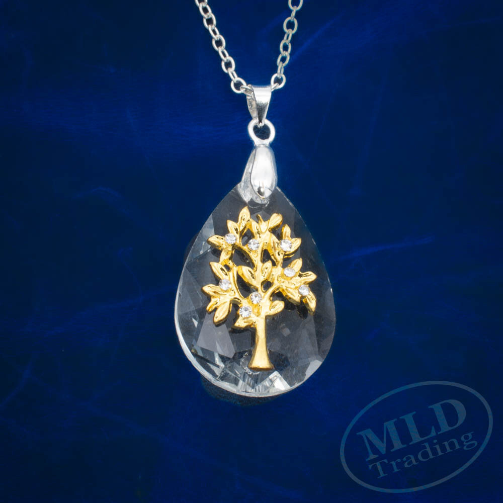 Crystal Tree of Life Pendant Necklace – 18″ Oval Link Chain, Gold Zinc Alloy