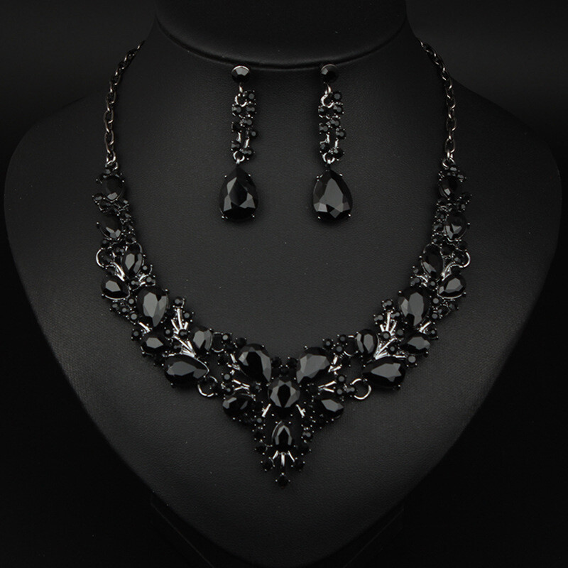 Crystal Gem Necklace Earrings Bridal Jewelry Set Statement Christmas Party Gift