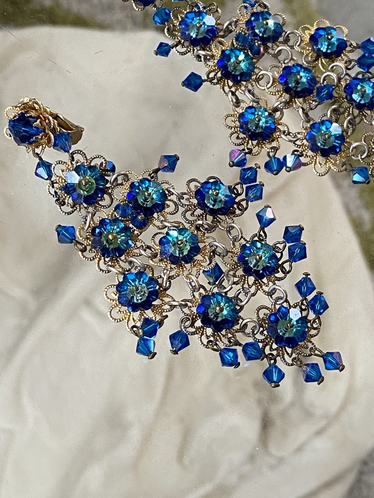 Vintage Signed IND ARG Blue Crystal Clip-On Chandelier Dangle Earrings,