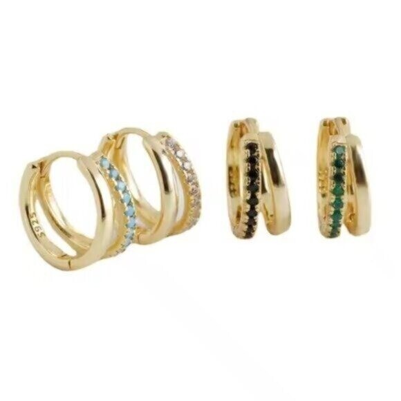 Everyday Huggie Earrings Double Huggies Gold CZ Pave Dainty Small Gold Hoops