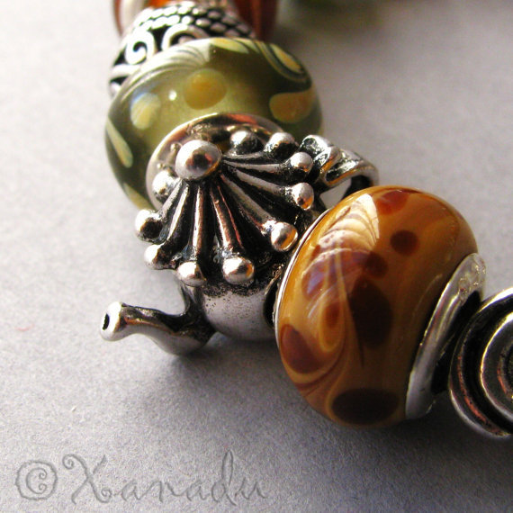 Tea Time European Charm Bracelet – Brown Green Lampwork Glass Bead w Tea Charms