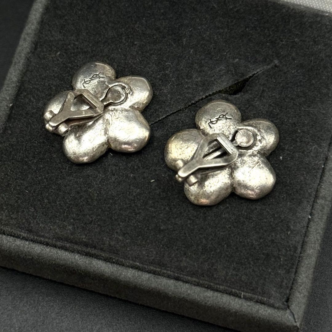 Yves Saint Laurent Earrings YSL Flower Engraving Vintage Silver Tone From Japan