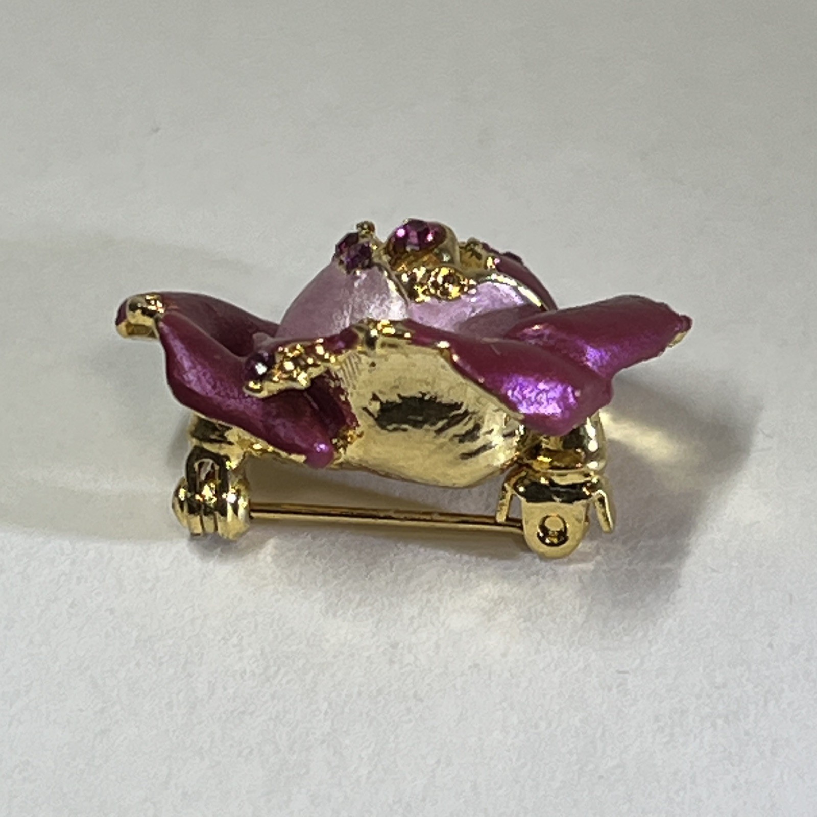 Purple Rose Flower Brooch Pin Gold Tone Metal with Pink Rhinestones 1 in