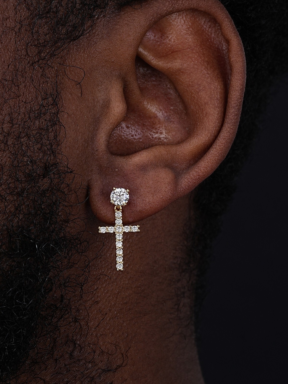 Real MOISSANITE 14k Gold Plated Dangle Cross Studs Earrings Iced Passes Tester