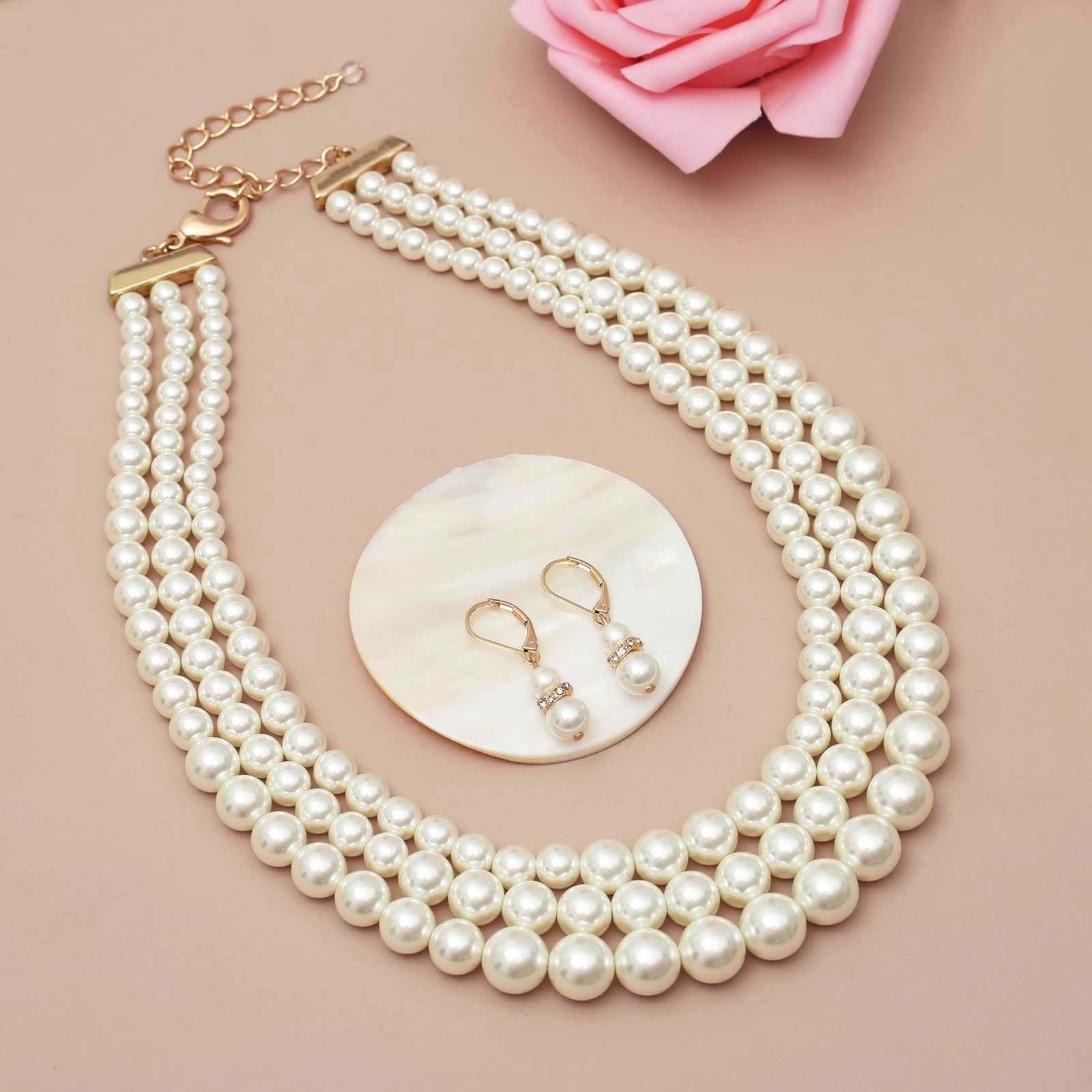 Layered Twisted Gold Pearl Choker Necklace & Earring Set – Chunky Statement Jewe