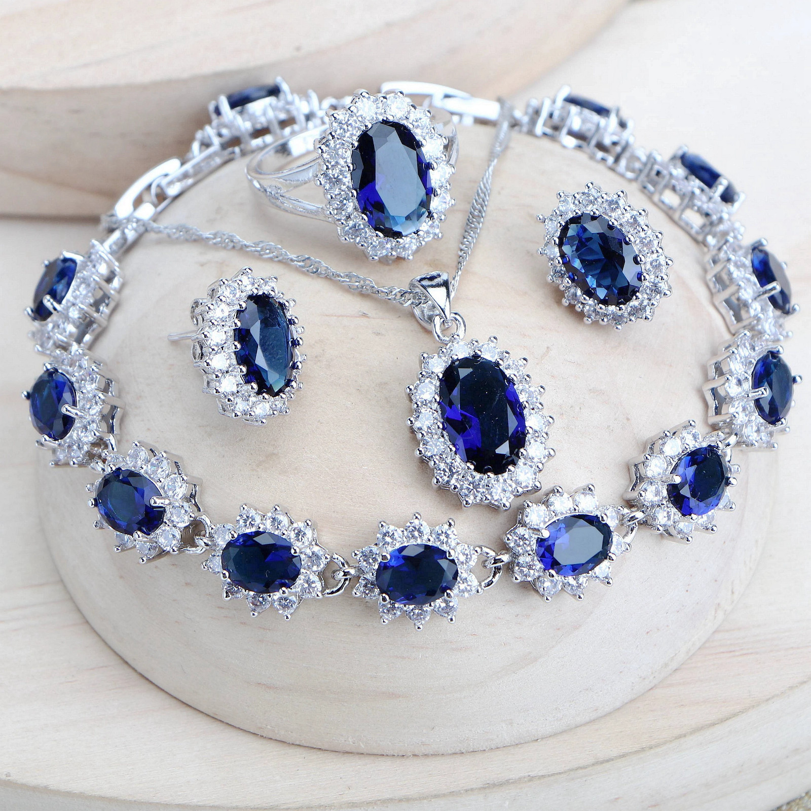 925 Silver Blue Zirconia Bridal Jewelry Set Necklace Earrings Ring Bracelet