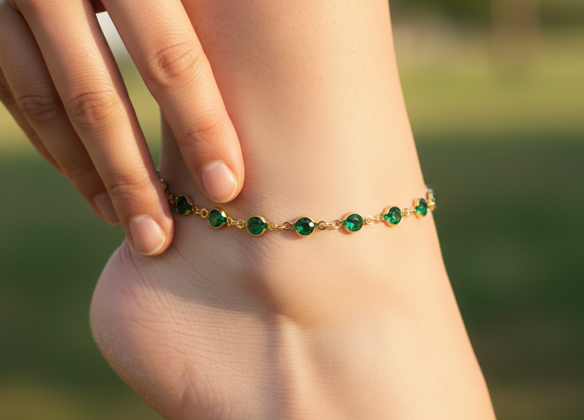 Elegant Gold Color Emerald Green Stone Anklet 18K Gold Plated Designer Anklet