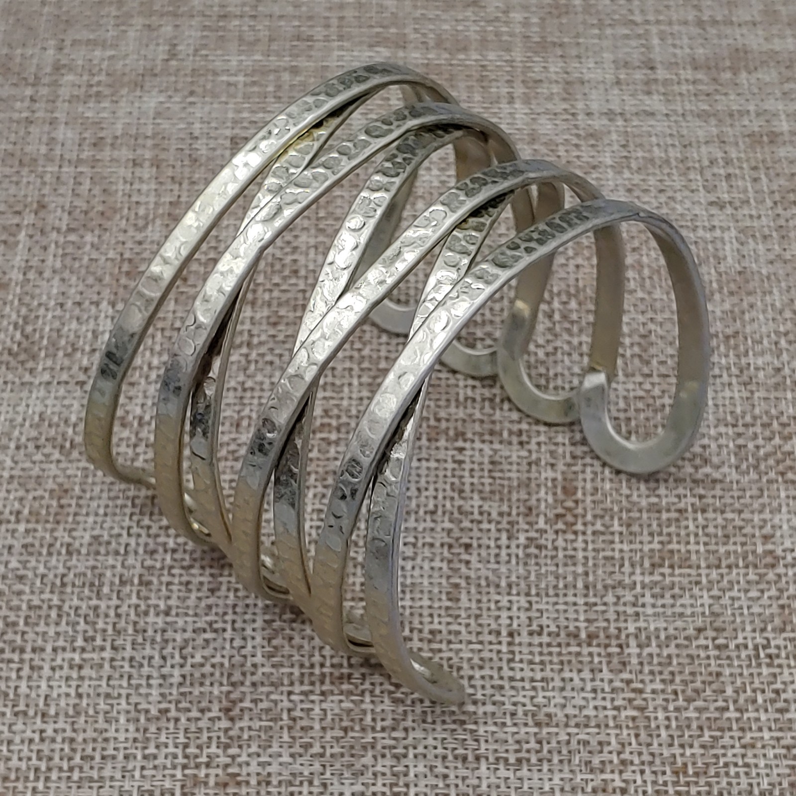 Cuff Hammered Bracelet Wide Gold Tone Metal Open “X” Cross Weave Statement 7″