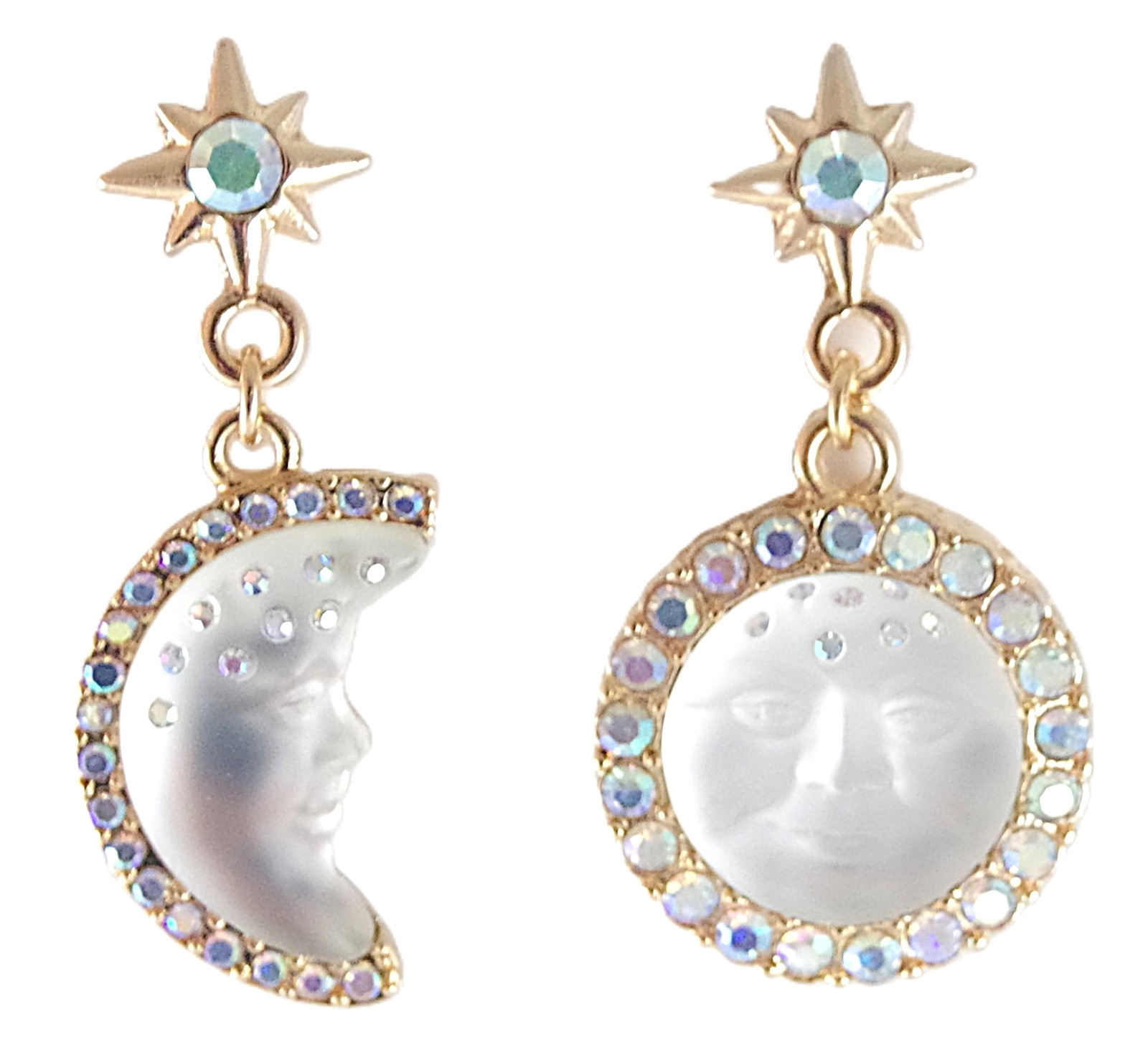 2″ KIRKS FOLLY WHITE SEAVIEW MOON FACE CRYSTAL RHINESTONE DROP DANGLE EARRINGS