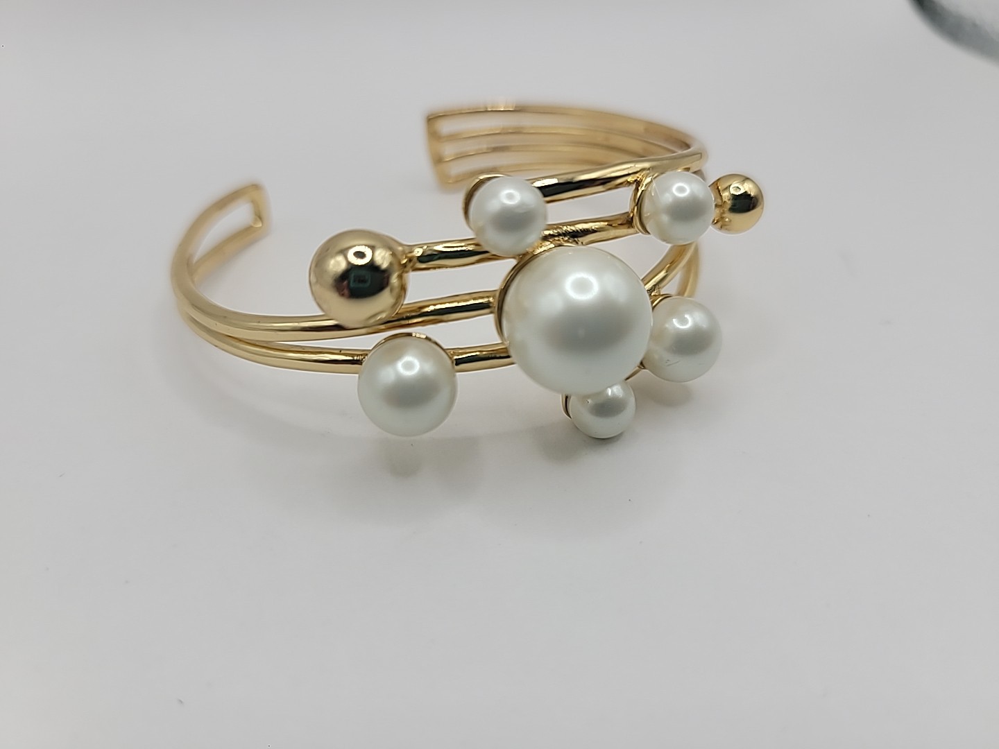 Gold Tone Faux Pearl Cuff Bracelet Multi Strand Open Bangle Statement Elegant