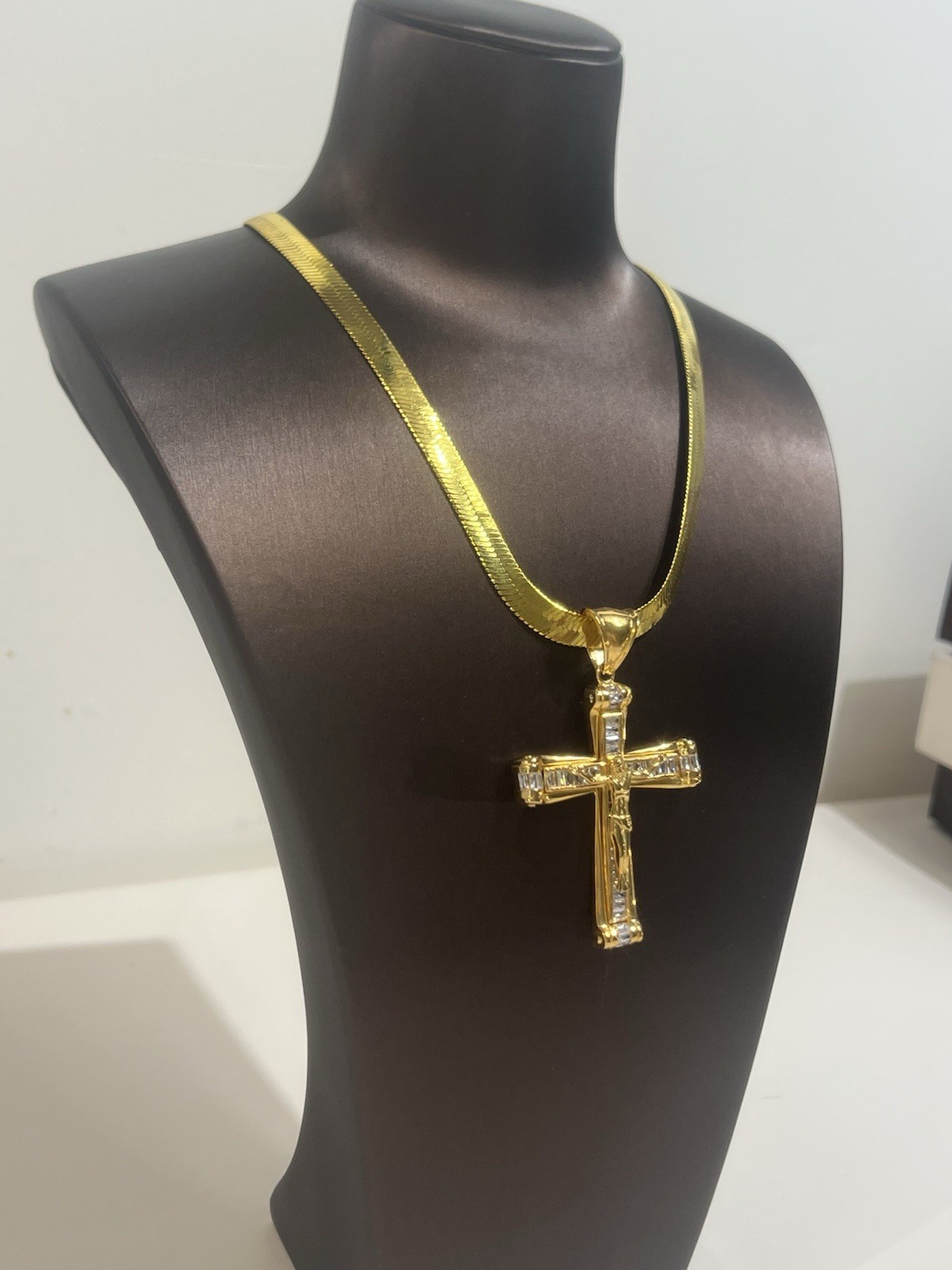 Gold Plated, Cross, Pendant, Necklace, Cubic, Zirconia, Cz Herringbone Chain