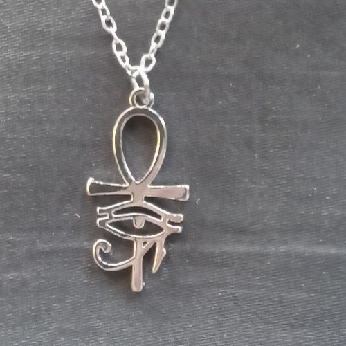 Silver ANKH Eye of Horus Pendant on Silver Plated Chain Necklace Egypt, Art Deco