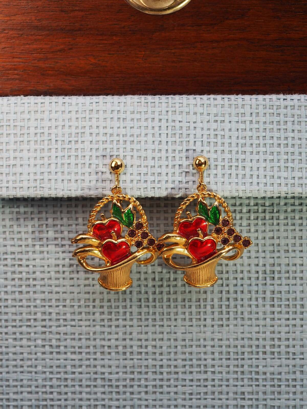 Vintage Avon Fruit Basket Clip-On Earrings Gold Tone Enamel Cherry Grape