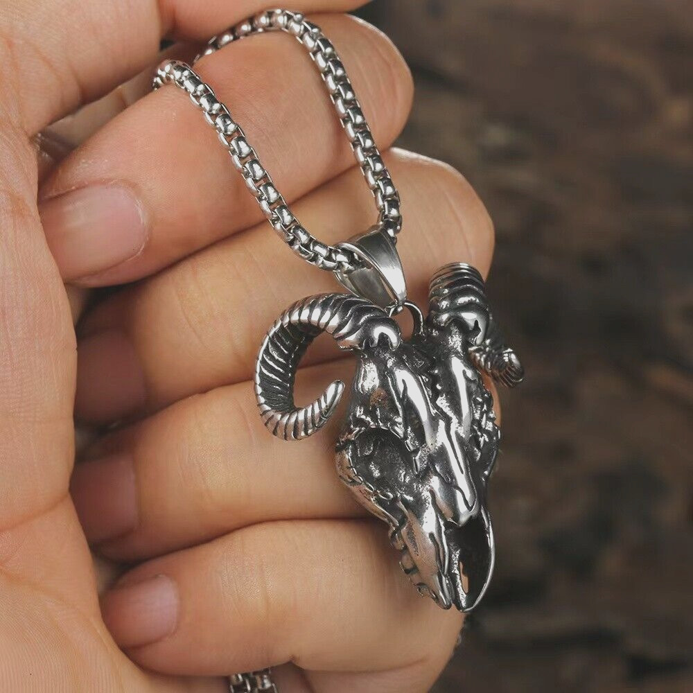 Mens Baphomet Satanic Ram Skull Pendant Necklace Chain Punk Gothic Retro Jewelry