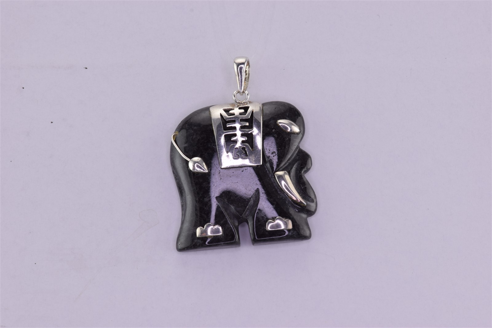 Sterling Silver 25mm x 25mm Carved Obsidian Elephant 925 Pendant