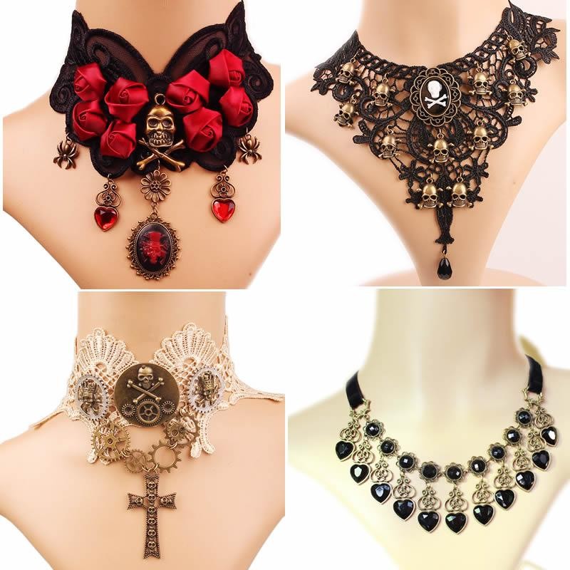 Trendy Gothic Lace Choker Necklace Red Rhinestone Tassel Punk Fashion Pendant