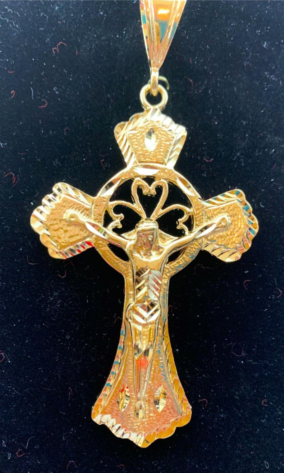 14KT GOLD PLATED HUGE CRUCIFIX CROSS 4+ INCHES CHARM W/16″-30″ 4MM ROPE -8501