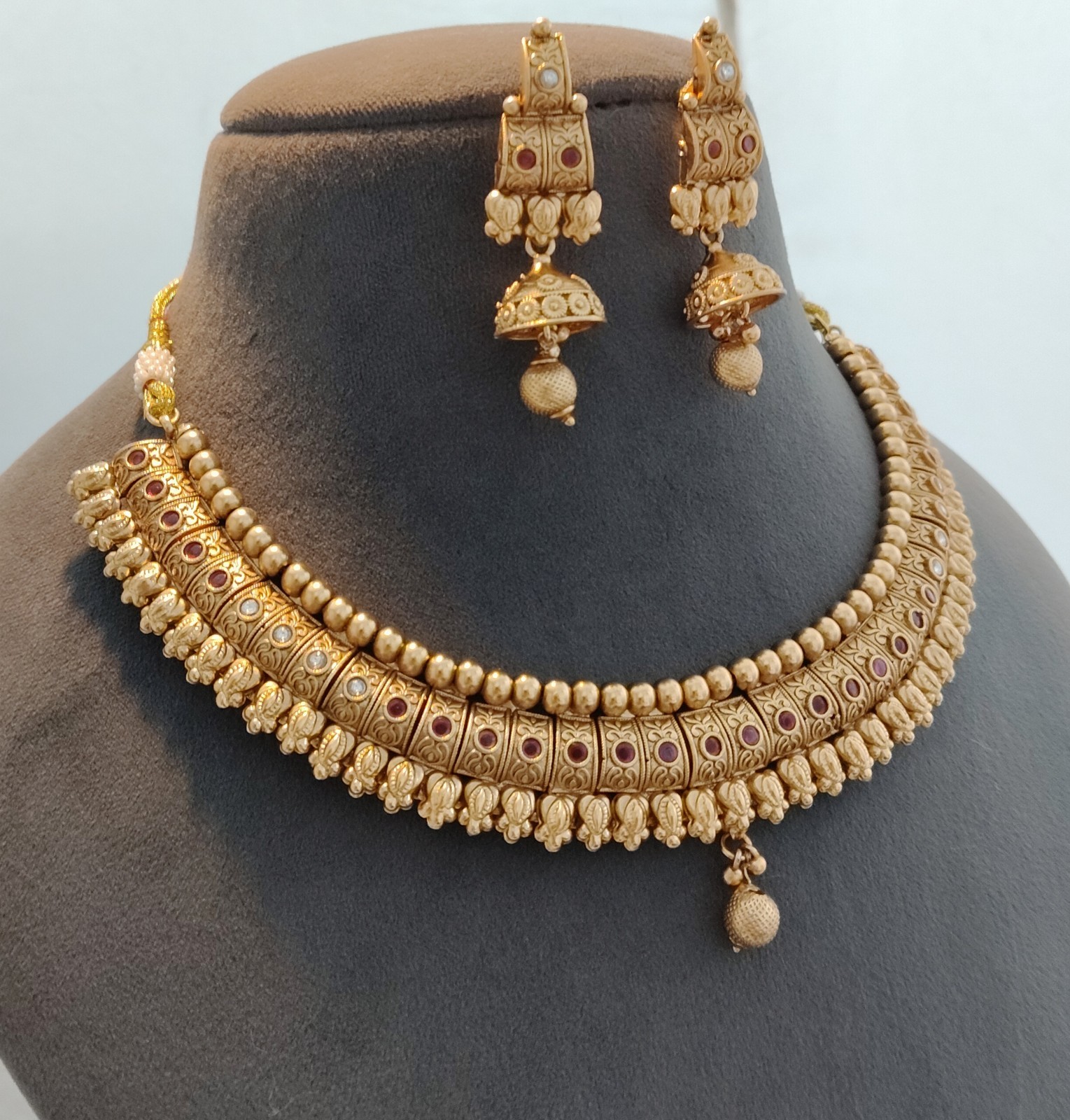 Rani Antique Gold Necklace Set with Traditional Jhumka Earrings Roz Jewellers.