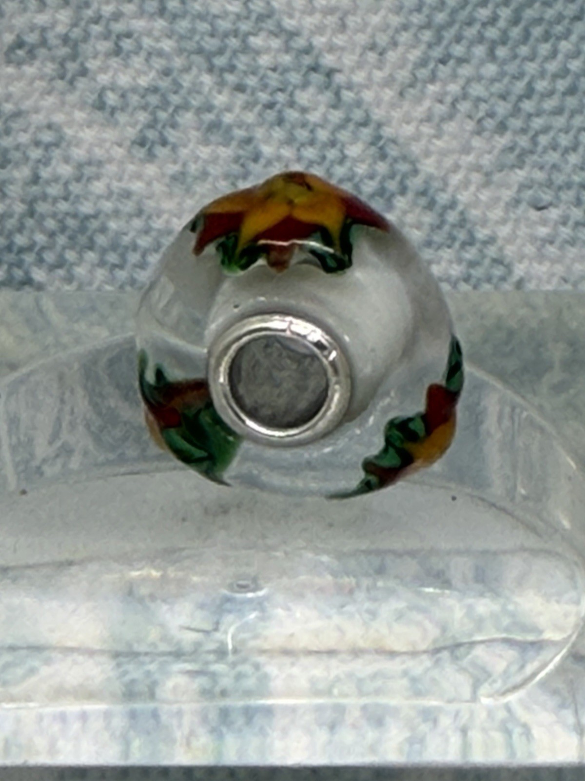 Authentic Trollbeads OOAK Yellow Star Flowers & Green on White CC, New (117)