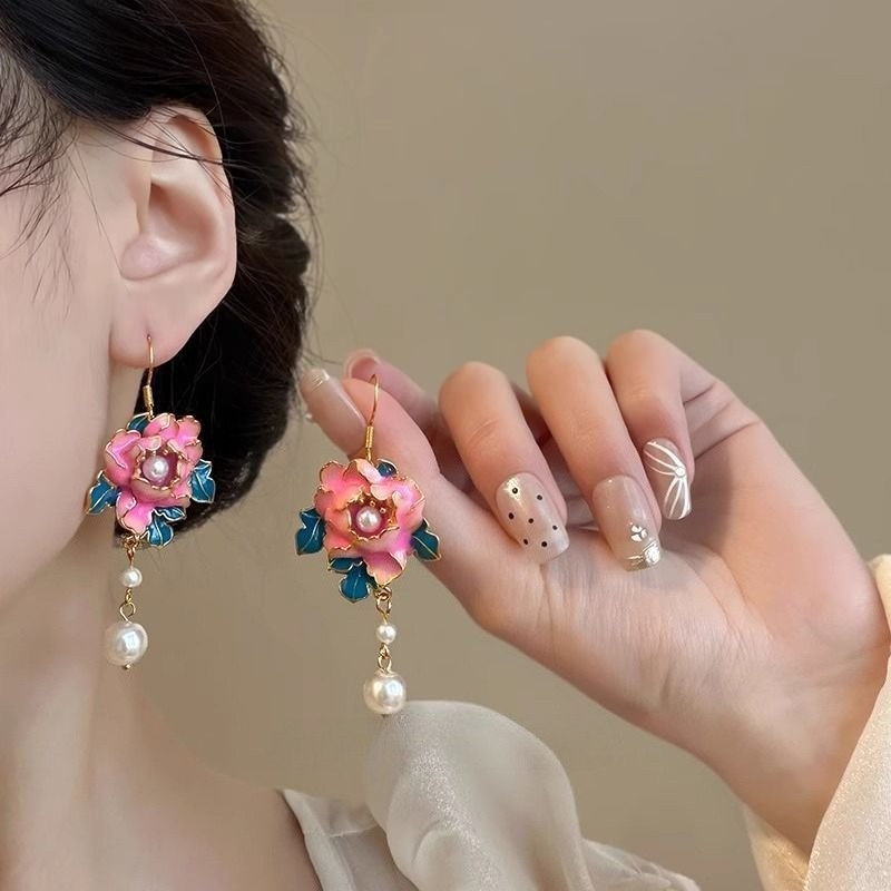 Chinese Style Peony Stud Earrings New Chinese Design Qipao Hanfu Jewelry