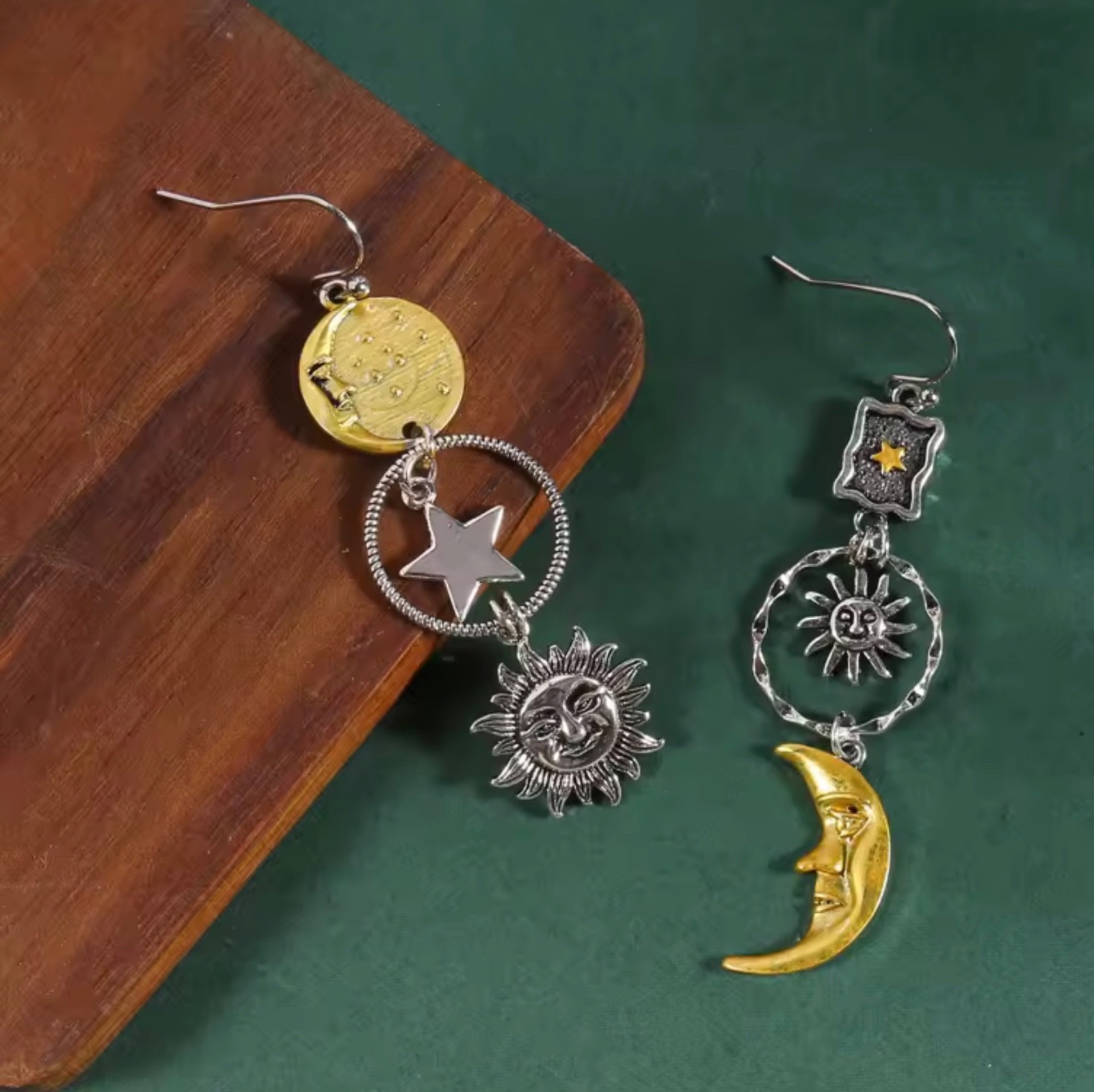 Greek Mythology Face Sun Moon Pendant Women’s Asymmetric Earrings
