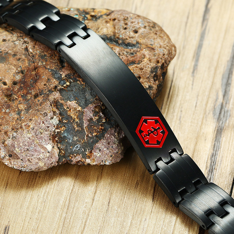 Magnetic Health Medical Alert ID Men Bracelet Free Engrave Stainless Steel Black