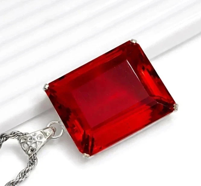 Natural 60.20 Ct Emerald Cut Red Topaz Pendant sterling Silver Jewelry