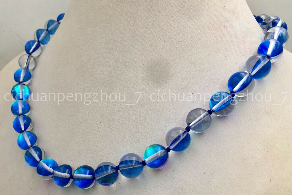 6/8/10/12mm Blue Gleamy Rainbow Moonstone Round Gemstone Beads Necklace 18”