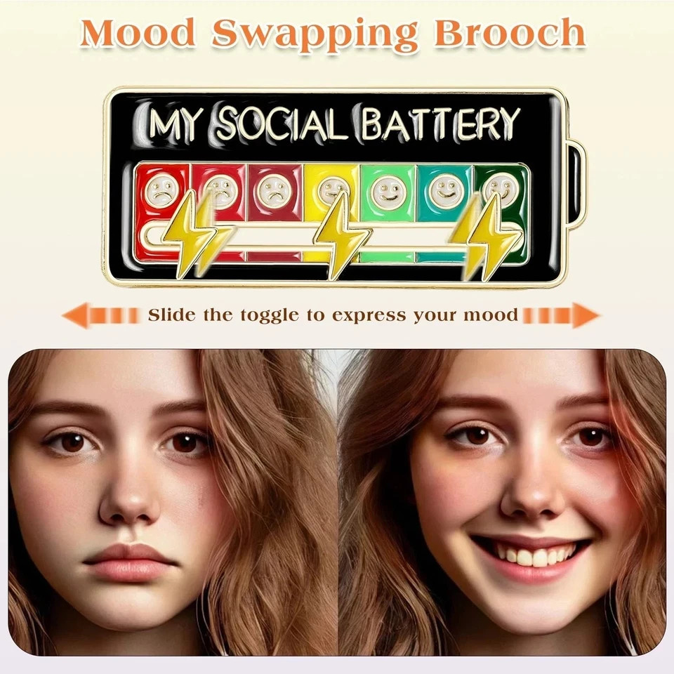 Funny Social Battery Slider Pin – 7-Mood Expression Badge, Cute Interactive Pin