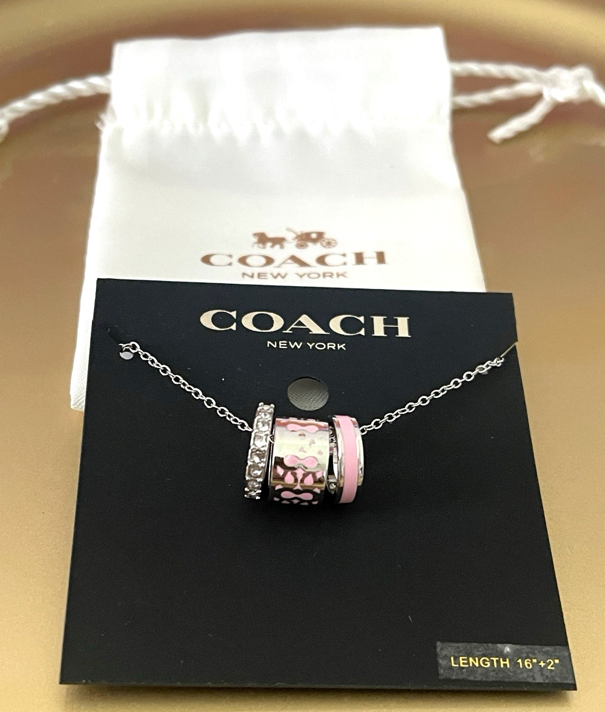 COACH SIGNATURE TEA ROSE MOTIF NECKLACE SILVER-TONE PINK/CRYSTAL NEW + DUST BAG