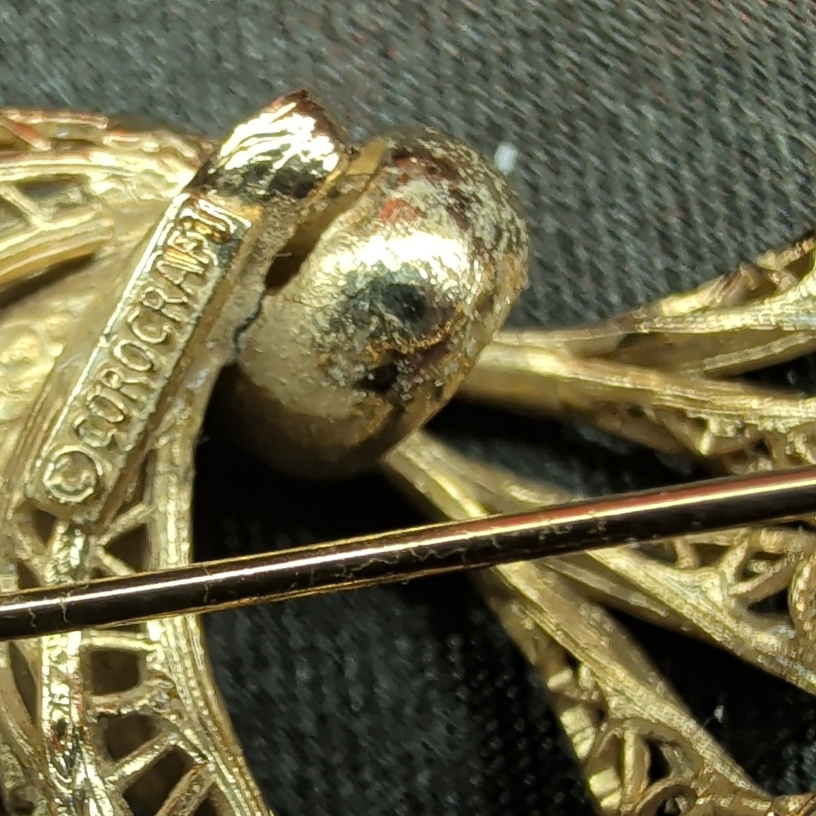 Gold Tone Filigree Ribbon Bow Brooch Pin, Engraved Metal, No Stones