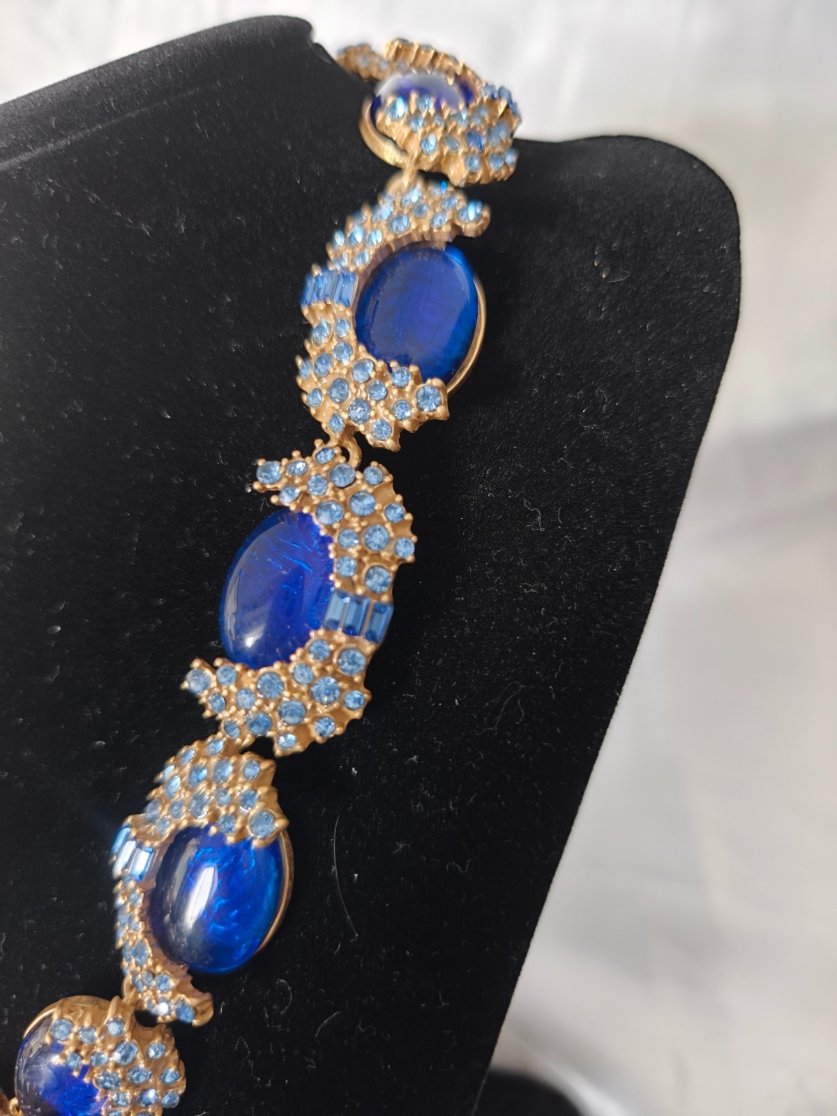 Vintage Style Blue Cabochon Statement Necklace, Gold Tone with Rhinestone Accent
