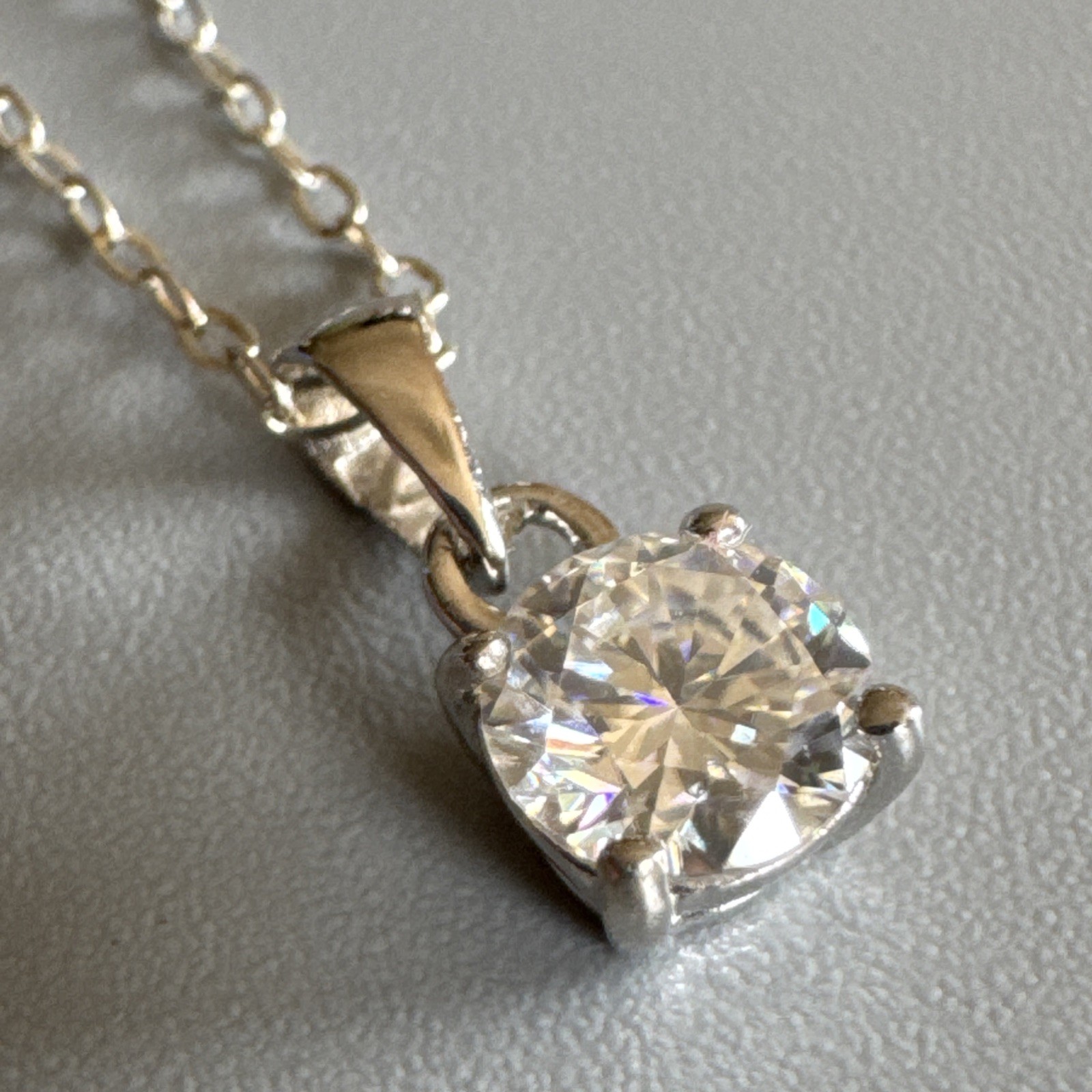 Sterling Silver 925 Round Solitaire Cz Pendant & 16” Oval Link Chain Necklace