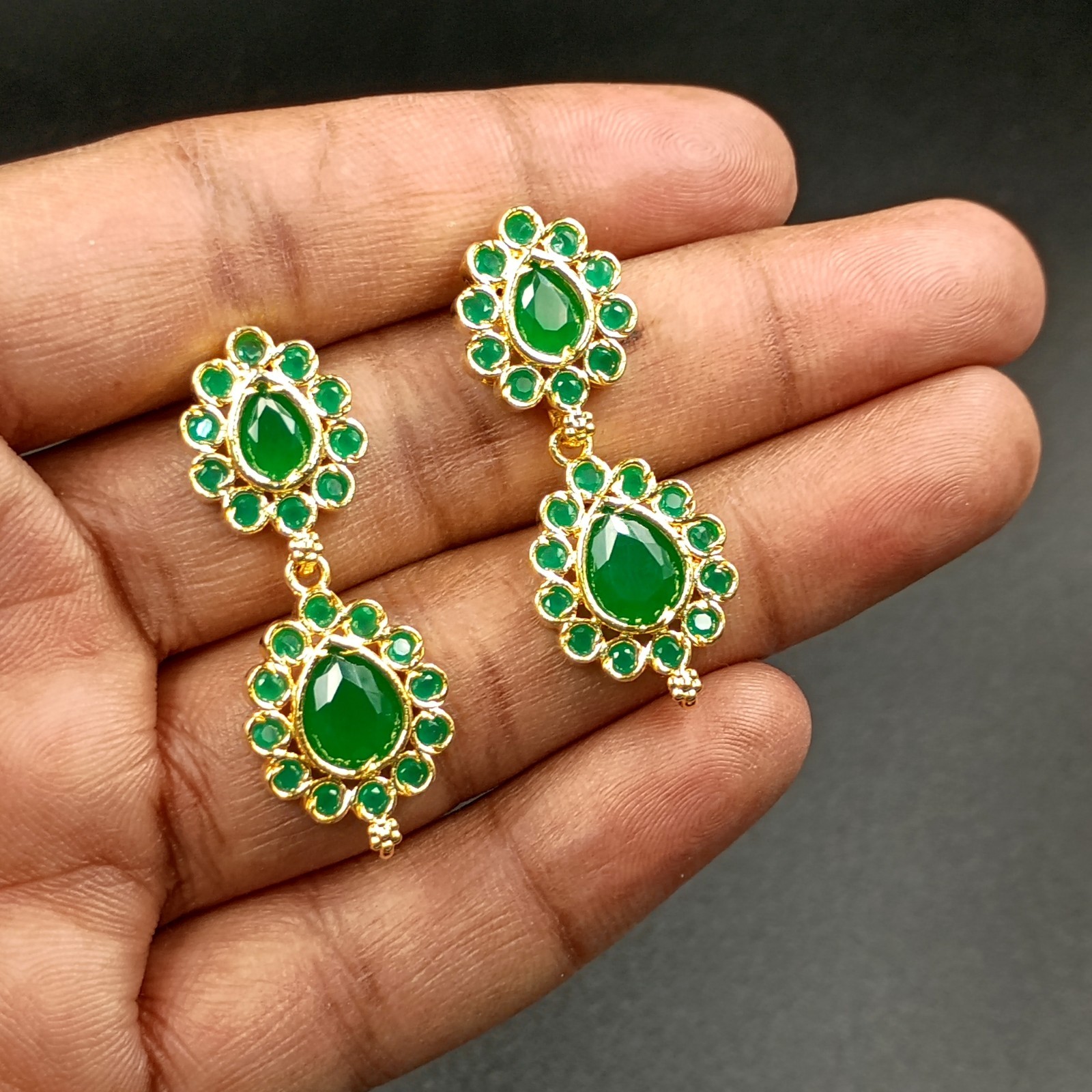Vintage 2 Layer Green Emerald Choker Necklace Earrings Set 22K Gold Plated Gift