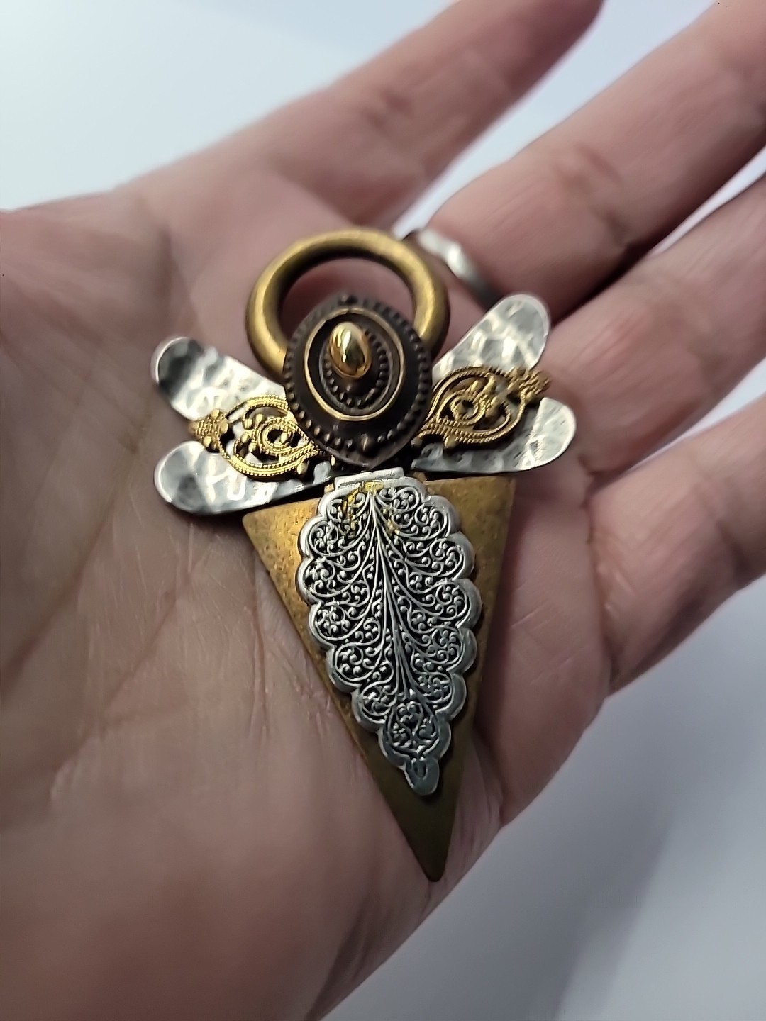 Vintage Treska Angel Brooch Pin Mixed Metal Halo Geometric Religious Signed