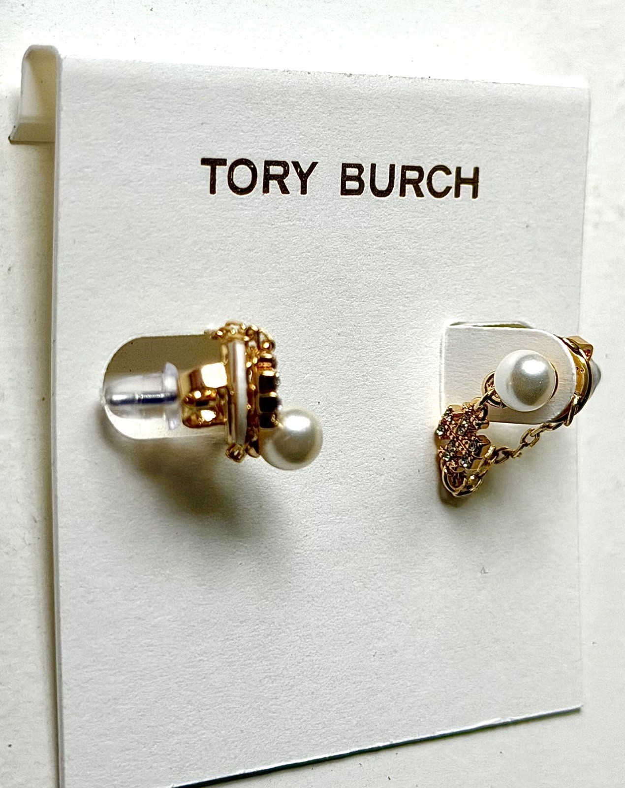 Tory Burch Cross Drop Earrings Gold Tone Pearl Chain Crystal Butterfly Sexy logo