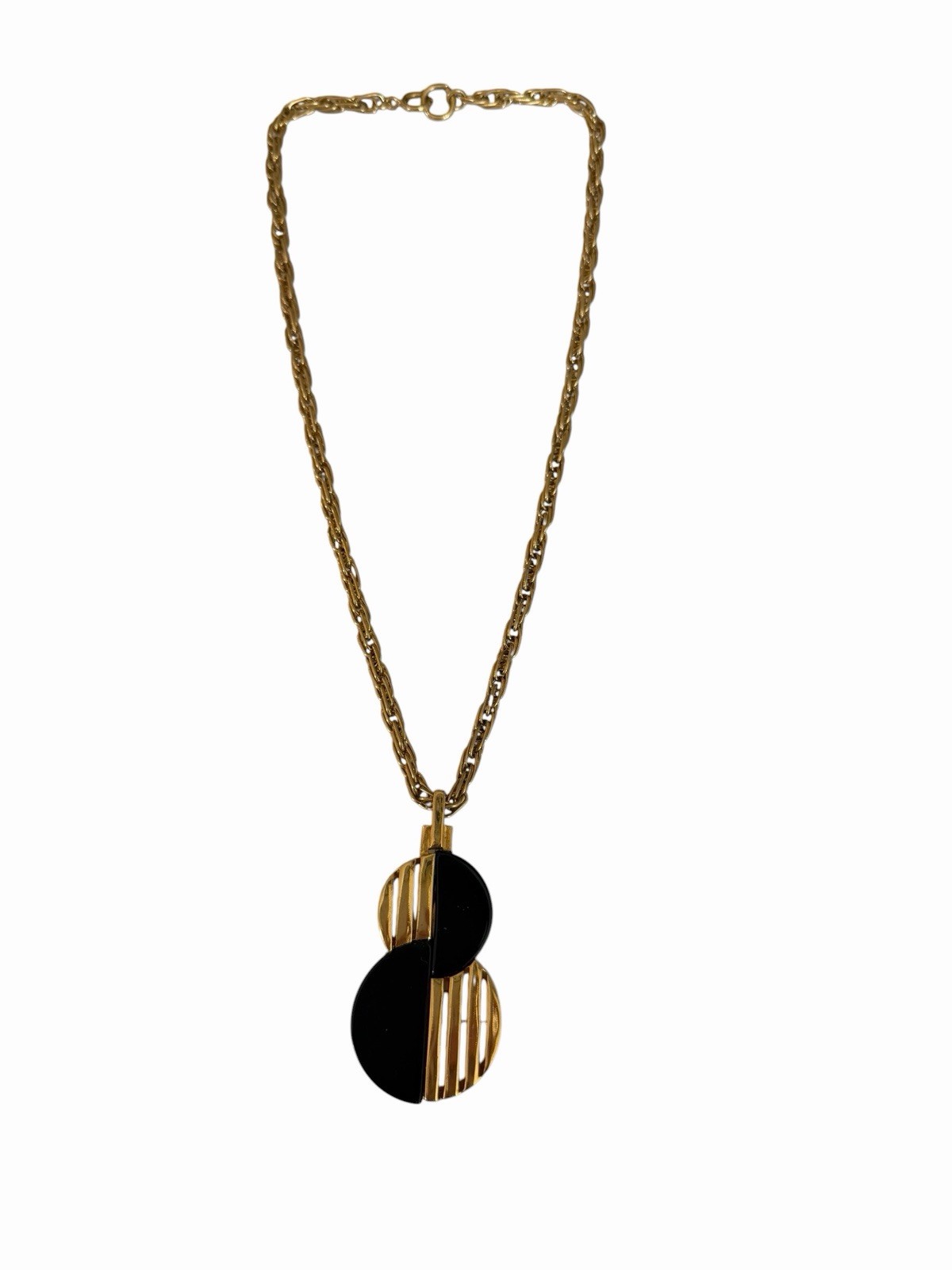 Vintage Crown Trifari Gold Tone Rope Chain Necklace Black Bakelite Double Charm