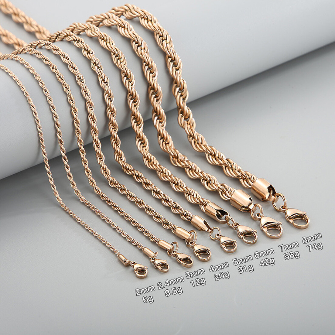 Stainless Steel Rope Chain Rose Gold Plated 20″22″24″ Men Women Necklace 2-8mm