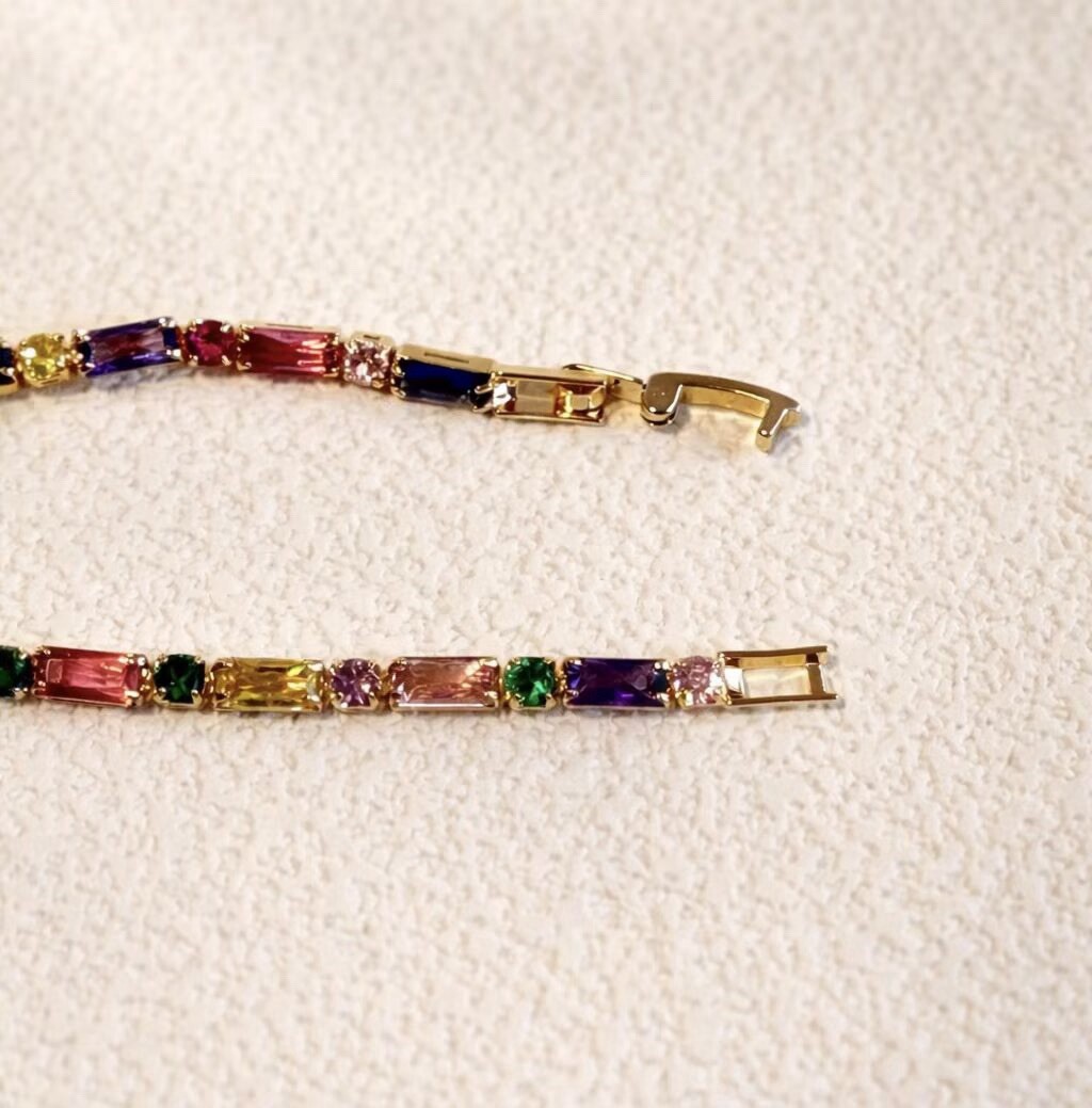 Rainbow Baguette Bracelet,Colorful CZ Bracelet,Birthday Gift for Her, BR036
